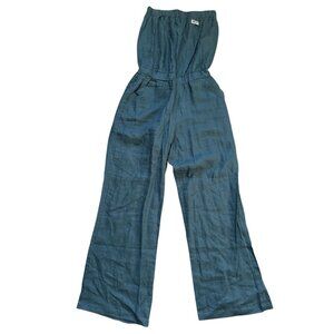 Mariyaab High Style 100% Linen Strapless Jumpsuit Wide Leg Women's Blue Medium